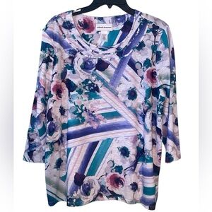 Alfred Dunner, floral and strip, knotted color embellishments. Size large GUC